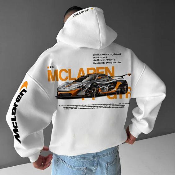 ESC BUTİK Mc Laren Baskılı Beyaz Kapşonlu Sweatshirt