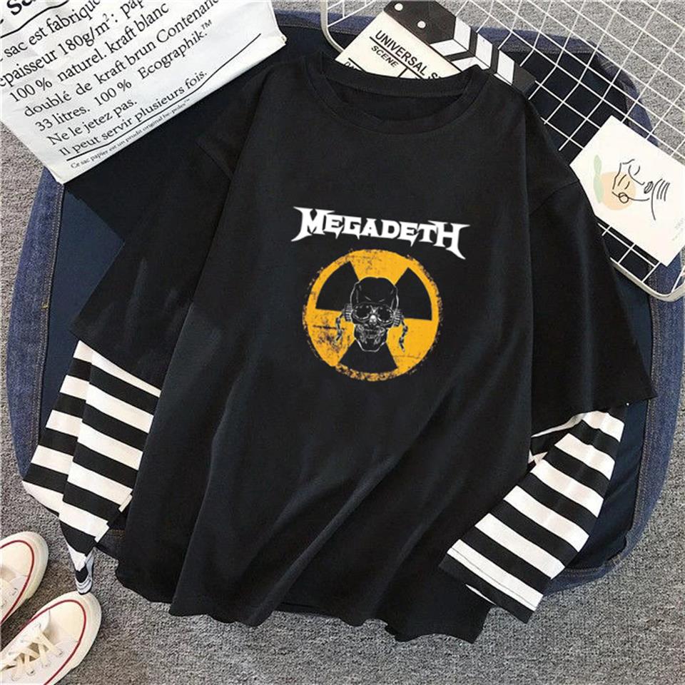 ESC BUTİK Megadeth Danger Skull Baskılı Fake Sleeves Unisex Siyah T-shirt