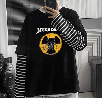 ESC BUTİK Megadeth Danger Skull Baskılı Fake Sleeves Unisex Siyah T-shirt