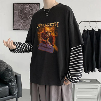 ESC BUTİK Megadeth Skull Baskılı Fake Sleeves Unisex Siyah T-shirt