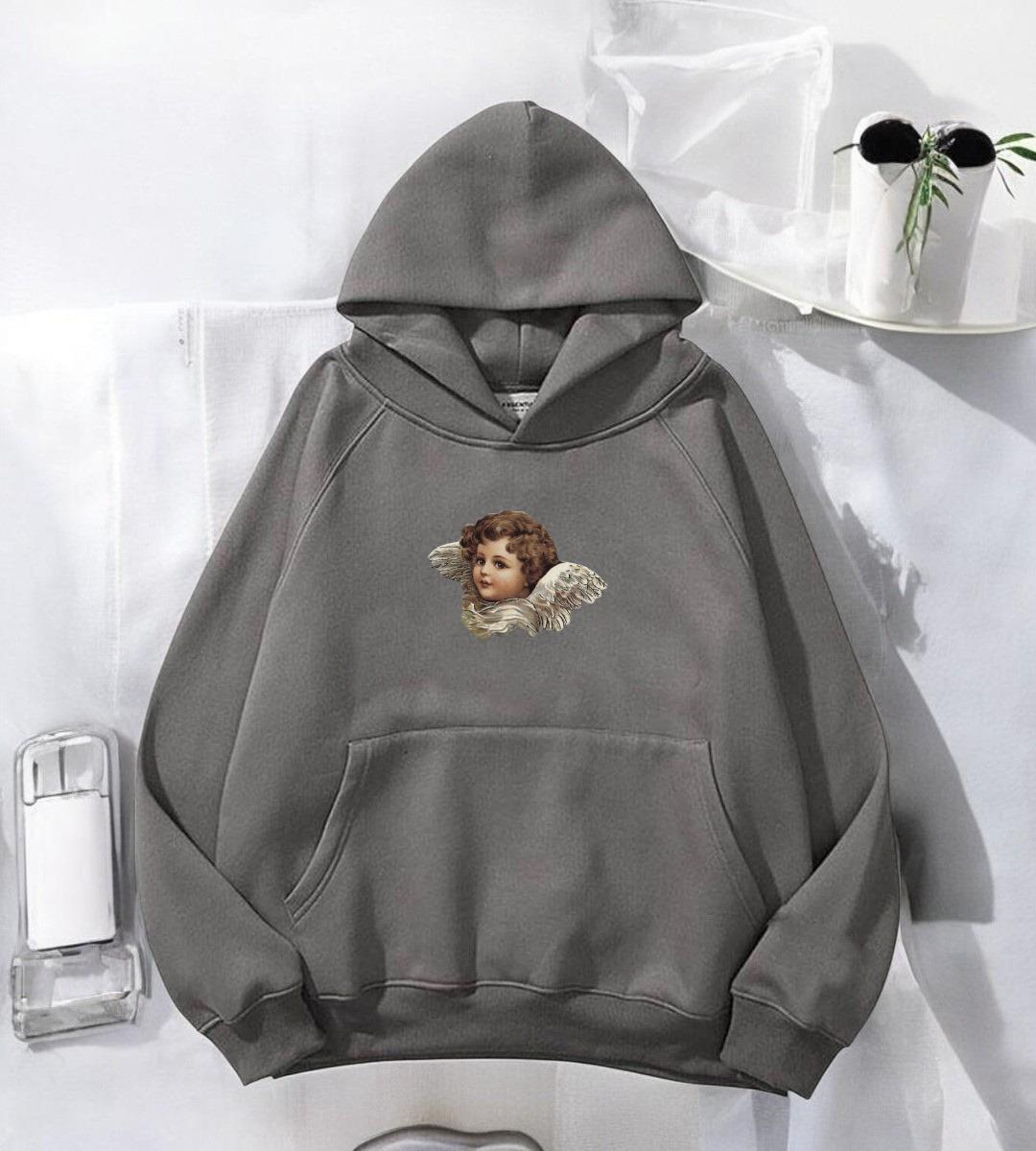 ESC BUTİK Melek Detail Antrasit Baskılı Kapşonlu Sweatshirt