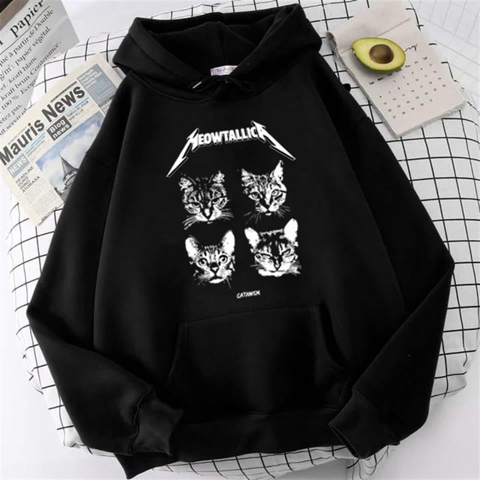 ESC BUTİK Meowtallica Baskılı Siyah Unisex Oversize Kapüşonlu Sweatshirt