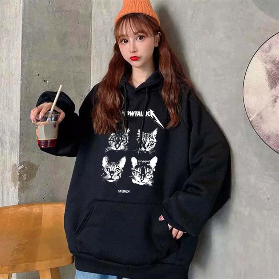 ESC BUTİK Meowtallica Baskılı Siyah Unisex Oversize Kapüşonlu Sweatshirt