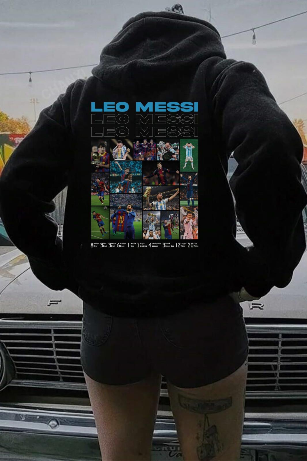 ESC BUTİK Messi Baskılı Siyah Kapşonlu Sweatshirt