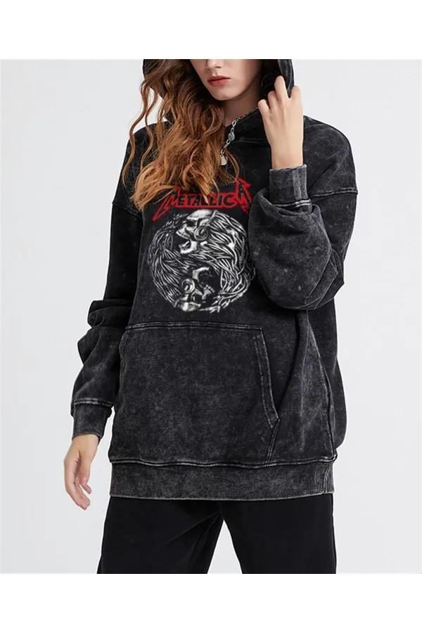 ESC BUTİK Metallica Baskılı Yıkamalı Vintage Unisex Oversize Kapüşonlu Sweatshirt