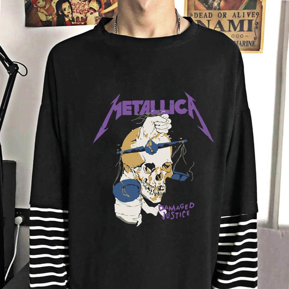 ESC BUTİK Metallica Damaged Justice Baskılı Fake Sleeves Unisex Siyah T-shirt