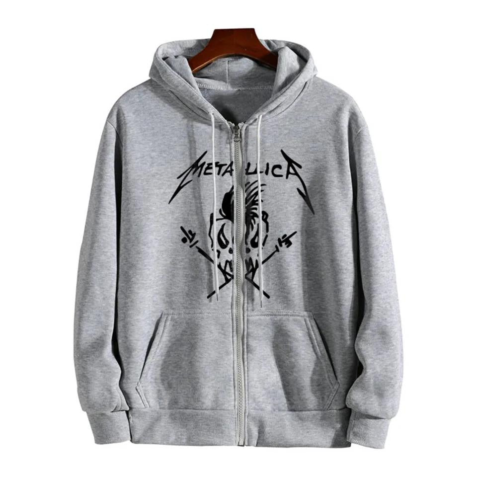 ESC BUTİK Metallica Skull Baskılı Oversize Fermuarlı Gri Unisex Kapüşonlu Hırka