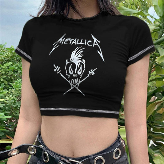 ESC BUTİK Metallica Skull Baskılı Ters Dikiş Siyah Crop