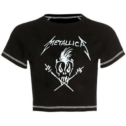 ESC BUTİK Metallica Skull Baskılı Ters Dikiş Siyah Crop