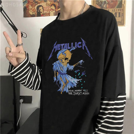 ESC BUTİK Metallica Skull Money Baskılı Fake Sleeves Unisex Siyah T-shirt