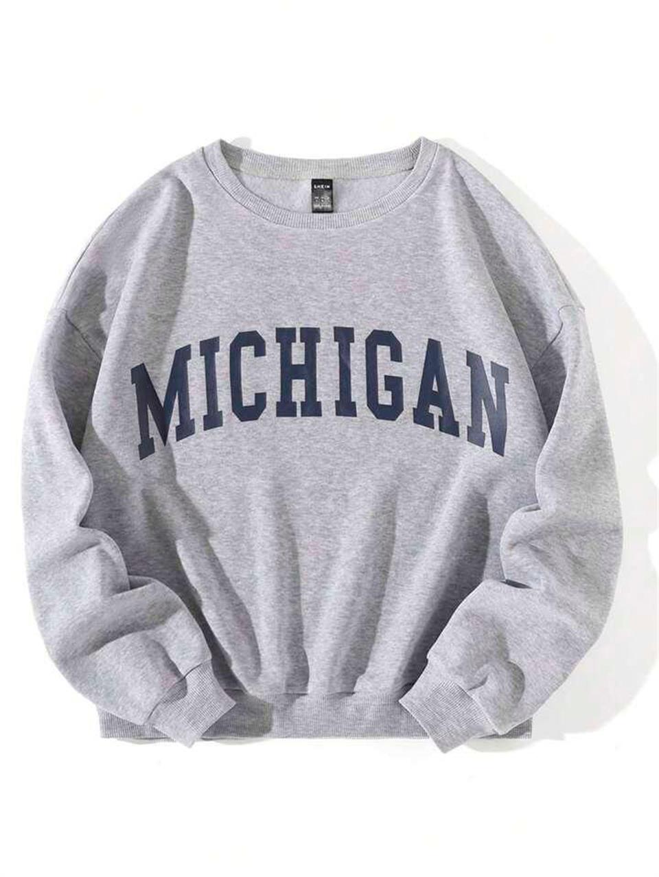 ESC BUTİK Michigan Baskılı Gri Unisex Oversize Bisiklet Yaka Sweatshirt