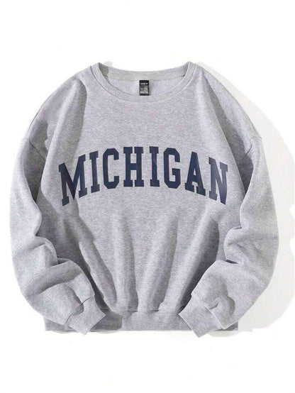 ESC BUTİK Michigan Baskılı Gri Unisex Oversize Bisiklet Yaka Sweatshirt