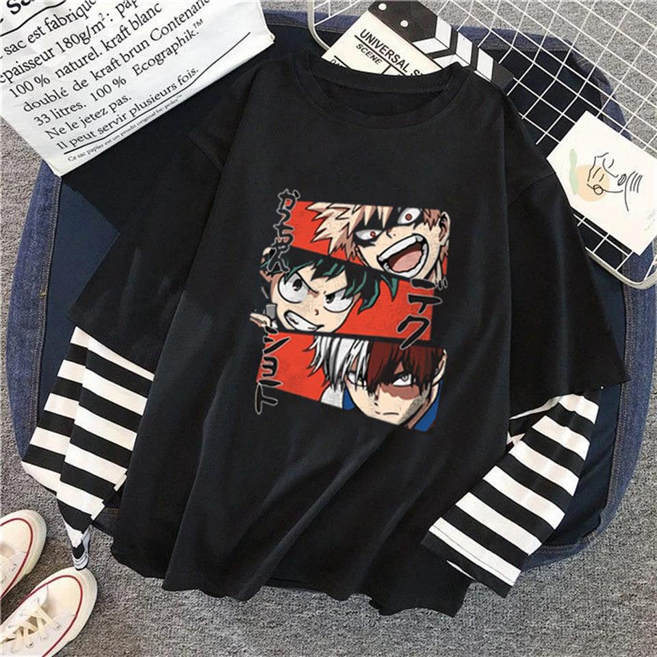 ESC BUTİK My Hero Academia Collage Baskılı Fake Sleeves Unisex Siyah T-shirt