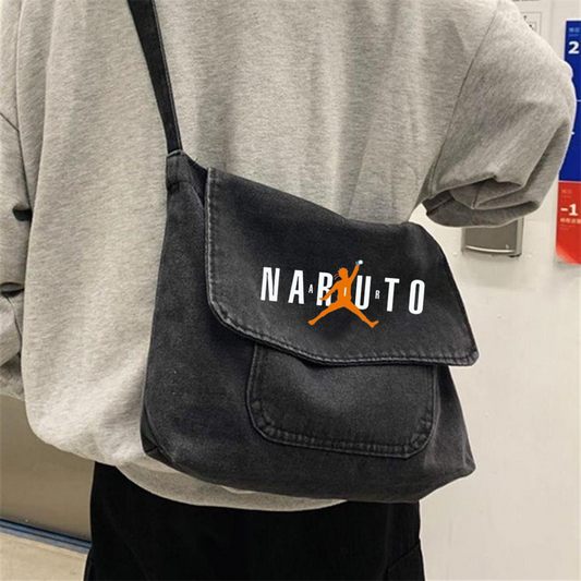 ESC BUTİK Naruto Baskılı Vintage Unisex Gri Kot Postacı Çantası