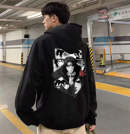 ESC BUTİK Naruto Itachi Collage Sırt Baskılı Siyah Unisex Oversize Kapüşonlu Sweatshirt