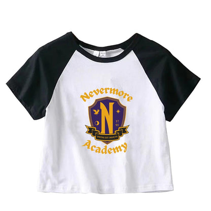 ESC BUTİK Nevermore Academy Baskılı Reglan Kol Beyaz Crop