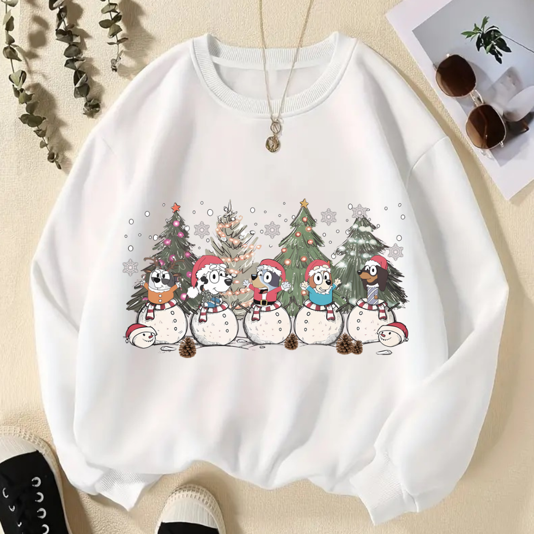 ESC BUTİK New Year Christmas Dog Baskılı Beyaz Unisex Oversize Bisiklet Yaka Sweatshirt