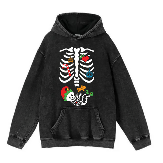 ESC BUTİK  New Year Yıkamalı Skeleton Vintage Kapüşonlu Sweatshirt