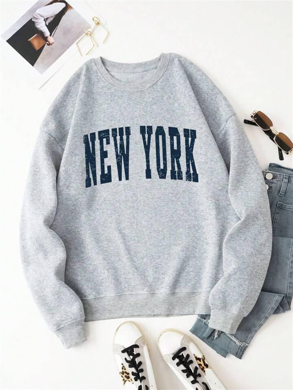 ESC BUTİK New York Baskılı Gri Unisex Oversize Bisiklet Yaka Sweatshirt