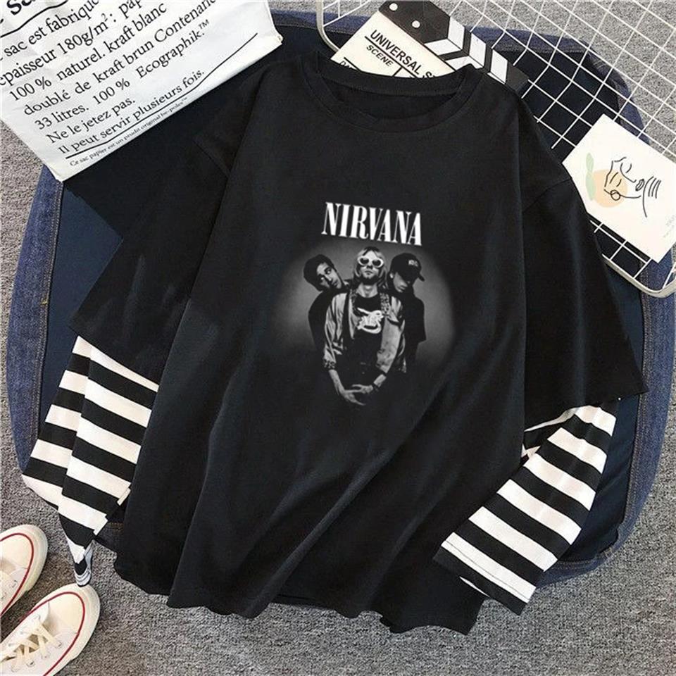 ESC BUTİK Nirvana Artists Baskılı Fake Sleeves Unisex Siyah T-shirt