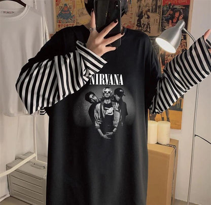 ESC BUTİK Nirvana Artists Baskılı Fake Sleeves Unisex Siyah T-shirt