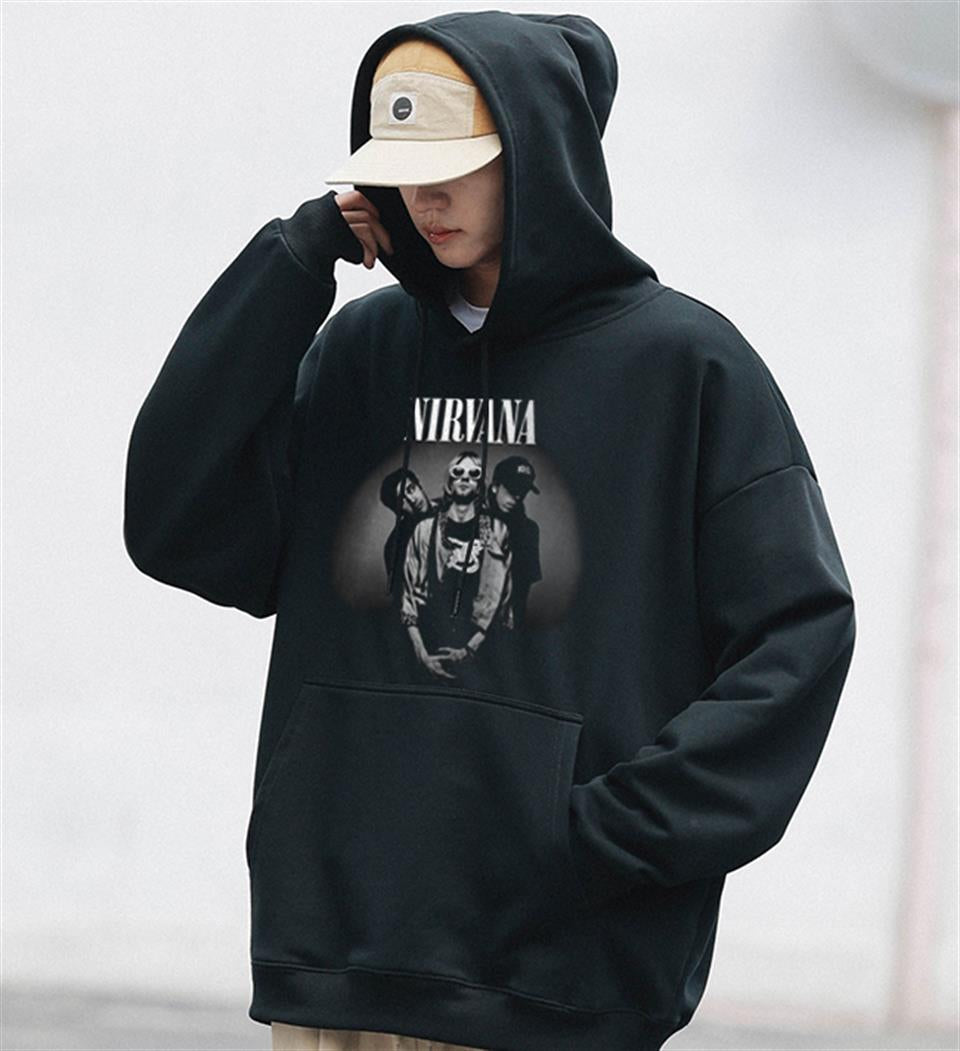 ESC BUTİK Nirvana Artists Baskılı Siyah Unisex Oversize Kapüşonlu Sweatshirt