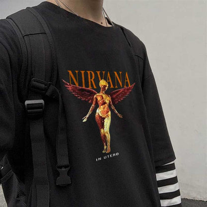 ESC BUTİK Nirvana In Utero Baskılı Fake Sleeves Unisex Siyah T-shirt