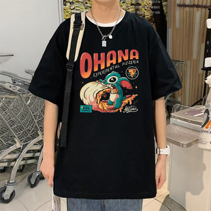 ESC BUTİK Ohana Baskılı Siyah Oversize Unisex T-Shirt