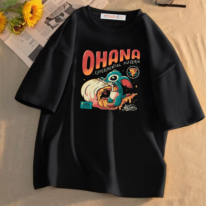 ESC BUTİK Ohana Baskılı Siyah Oversize Unisex T-Shirt