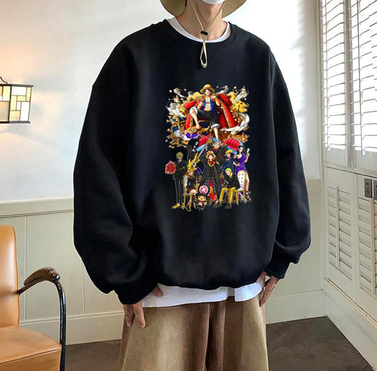 ESC BUTİK One Piece All Characters Baskılı Siyah Unisex Oversize Bisiklet Yaka Sweatshirt