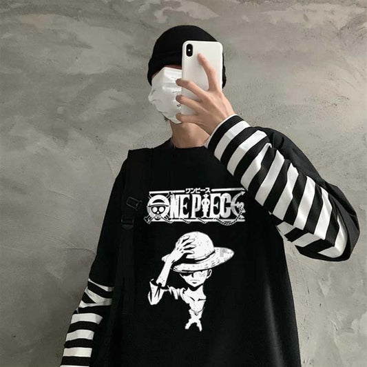 ESC BUTİK One Piece Baskılı Fake Sleeves Unisex Siyah T-shirt