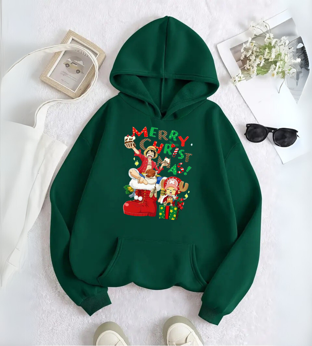 ESC BUTİK One Piece Merry Christmas Baskılı Kapşonlu Sweatshirt