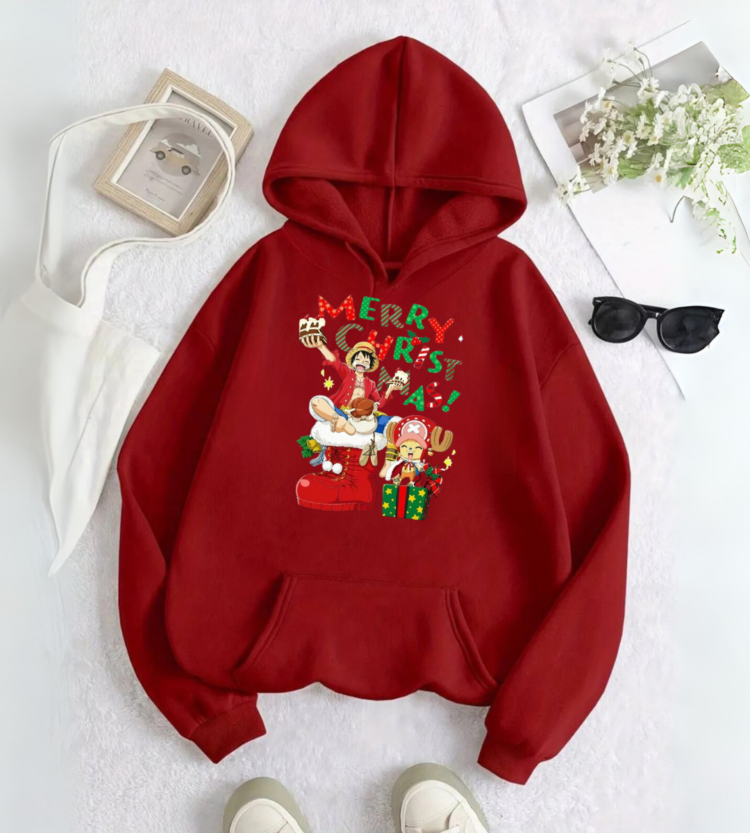 ESC BUTİK One Piece Merry Christmas Baskılı Kapşonlu Sweatshirt