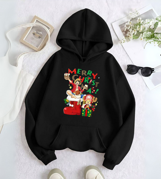 ESC BUTİK One Piece Merry Christmas Baskılı Kapşonlu Sweatshirt