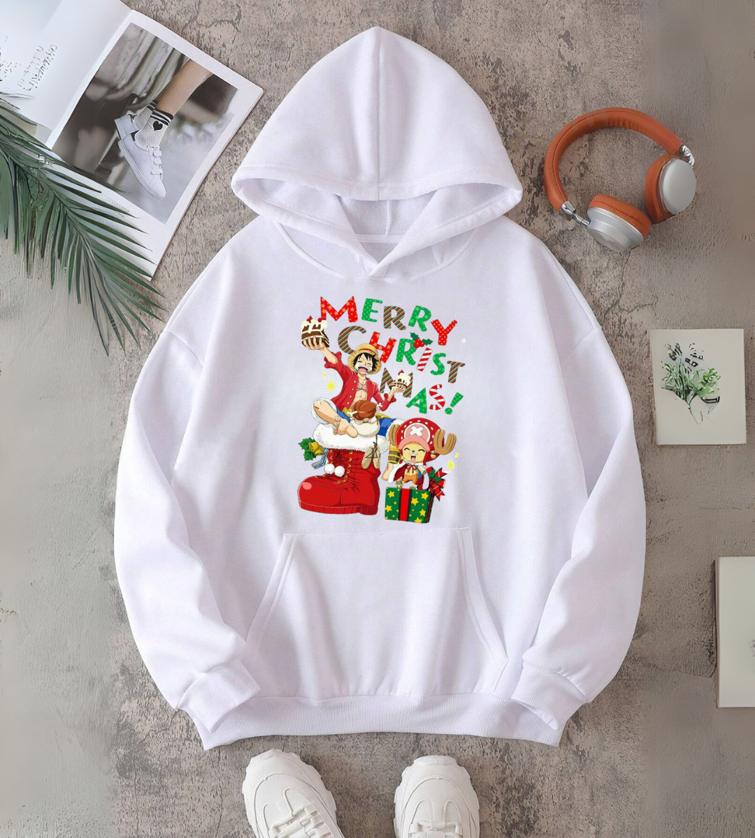 ESC BUTİK One Piece Merry Christmas Baskılı Kapşonlu Sweatshirt