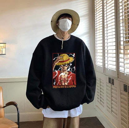 ESC BUTİK One Piece Monkey D Luffy Baskılı Siyah Unisex Oversize Bisiklet Yaka Sweatshirt