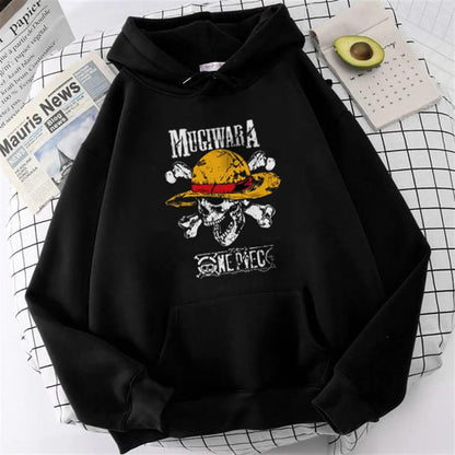 ESC BUTİK One Piece Mugiwara Baskılı Siyah Unisex Oversize Kapüşonlu Sweatshirt