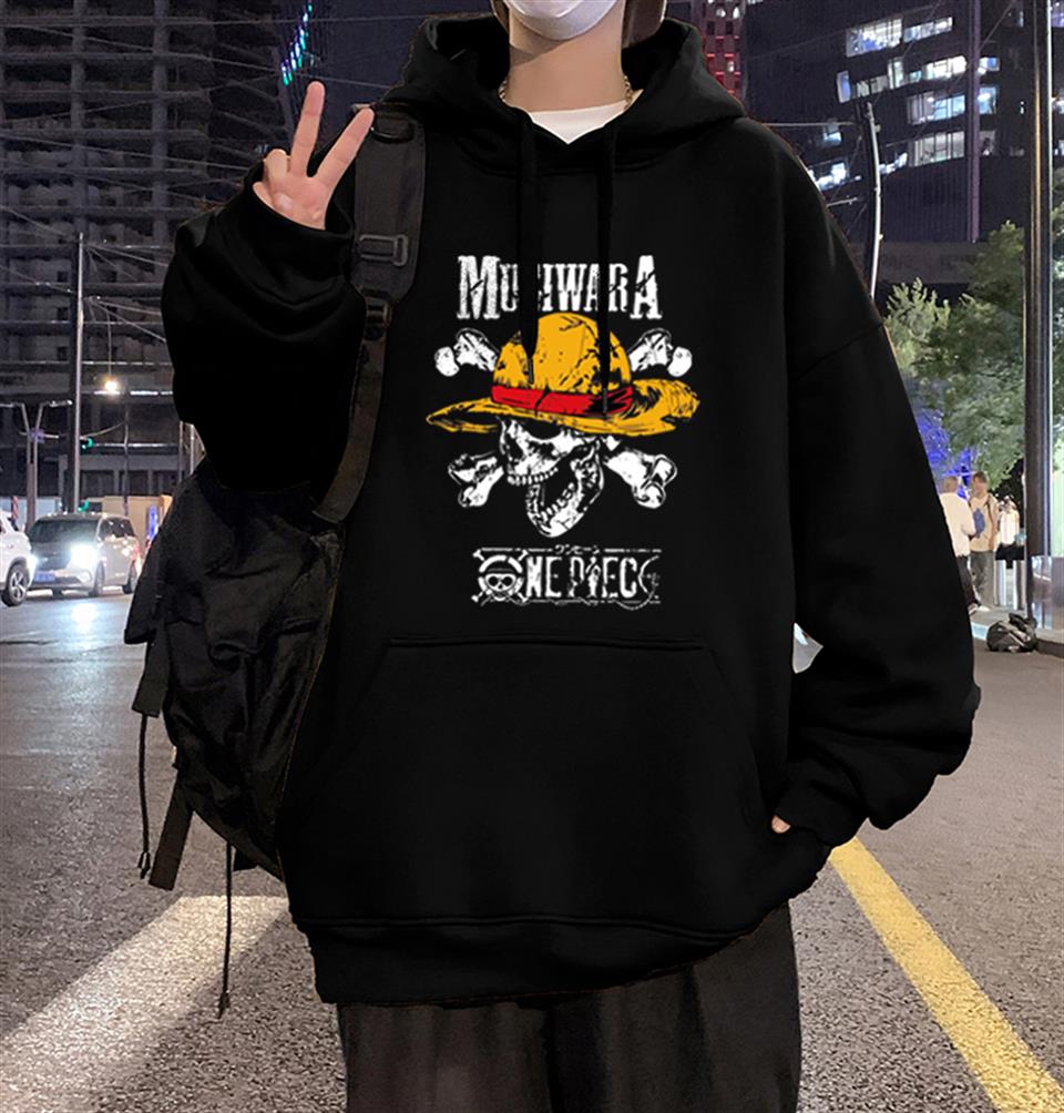 ESC BUTİK One Piece Mugiwara Baskılı Siyah Unisex Oversize Kapüşonlu Sweatshirt