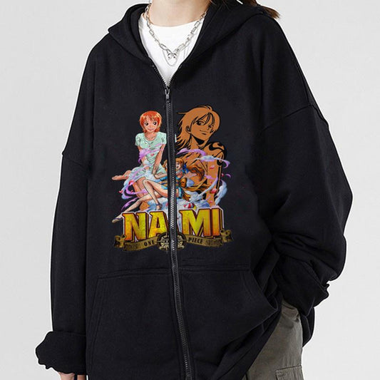 ESC BUTİK One Piece Nami Baskılı Oversize Fermuarlı Siyah Unisex Kapüşonlu Hırka