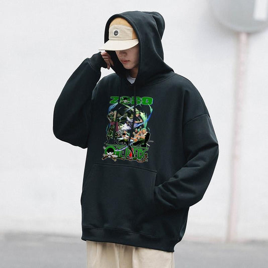 ESC BUTİK One Piece Zoro Swords Baskılı Siyah Unisex Oversize Kapüşonlu Sweatshirt