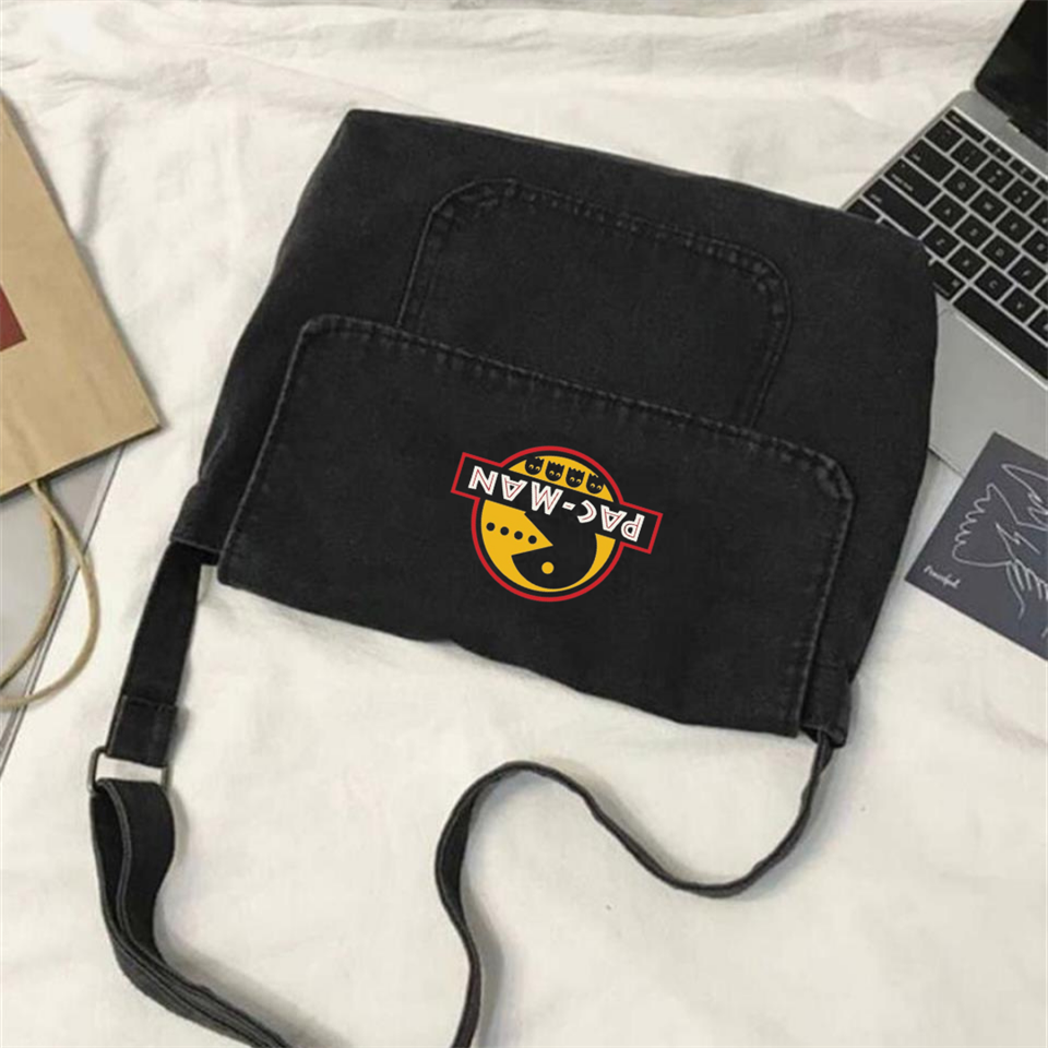 ESC BUTİK Pac-Man Baskılı Vintage Unisex Gri Kot Postacı Çantası