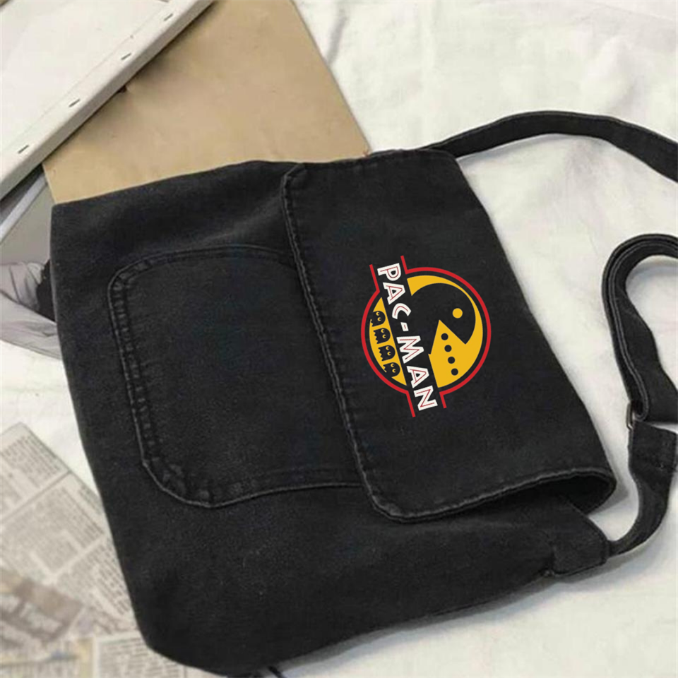 ESC BUTİK Pac-Man Baskılı Vintage Unisex Gri Kot Postacı Çantası