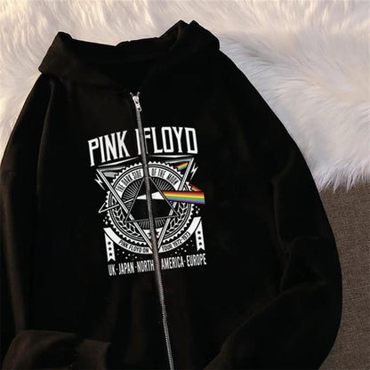 ESC BUTİK Pink Floyd Baskılı Oversize Fermuarlı Siyah Unisex Kapüşonlu Hırka