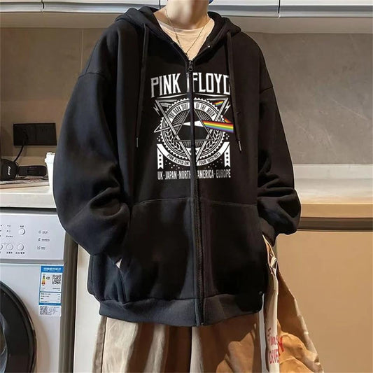 ESC BUTİK Pink Floyd Baskılı Oversize Fermuarlı Siyah Unisex Kapüşonlu Hırka