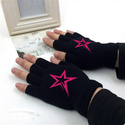 ESC BUTİK Pink Star Baskılı Unisex Siyah Kesik Çift Eldiven