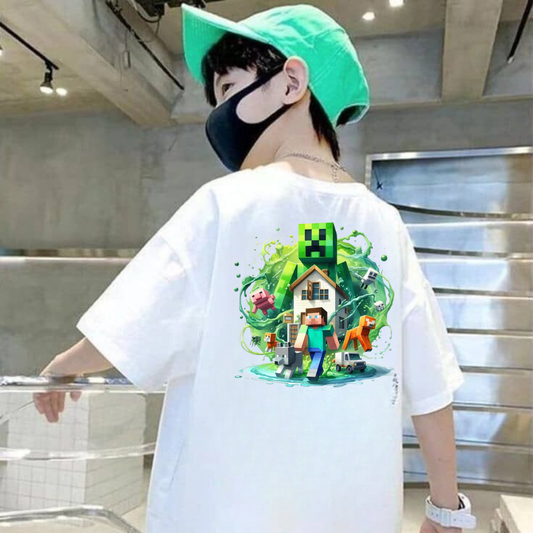 ESC BUTİK Pixel Minecraft Beyaz Kids Baskılı T-shirt