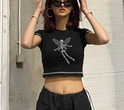 ESC BUTİK Pixelated Winged Skeleton Baskılı Ters Dikiş Siyah Crop