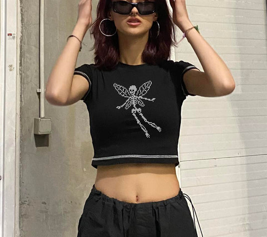 ESC BUTİK Pixelated Winged Skeleton Baskılı Ters Dikiş Siyah Crop