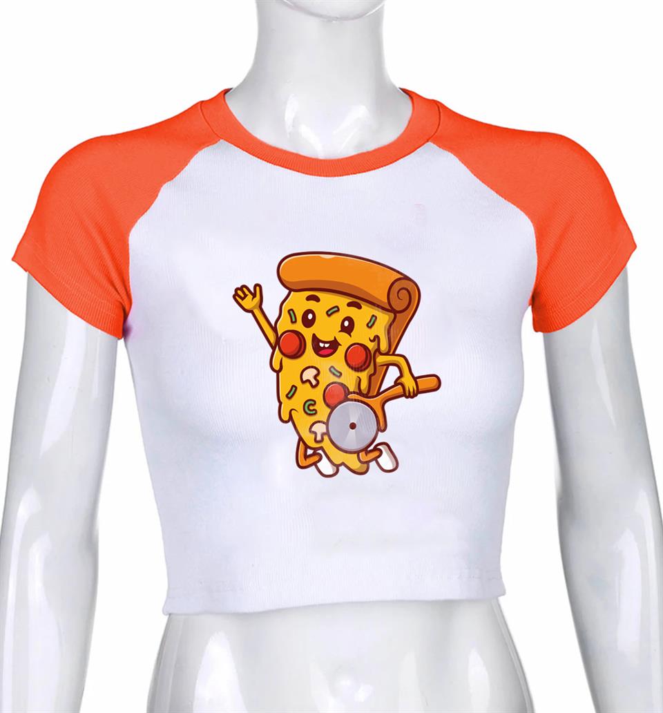 ESC BUTİK Pizza Baskılı Reglan Kol Beyaz Crop