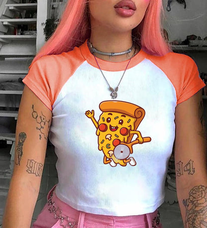 ESC BUTİK Pizza Baskılı Reglan Kol Beyaz Crop